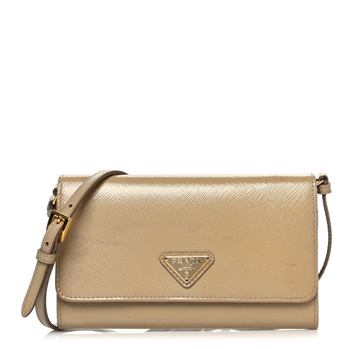 Saffiano Vernice Metal Flap Wallet With Strap Sabbia