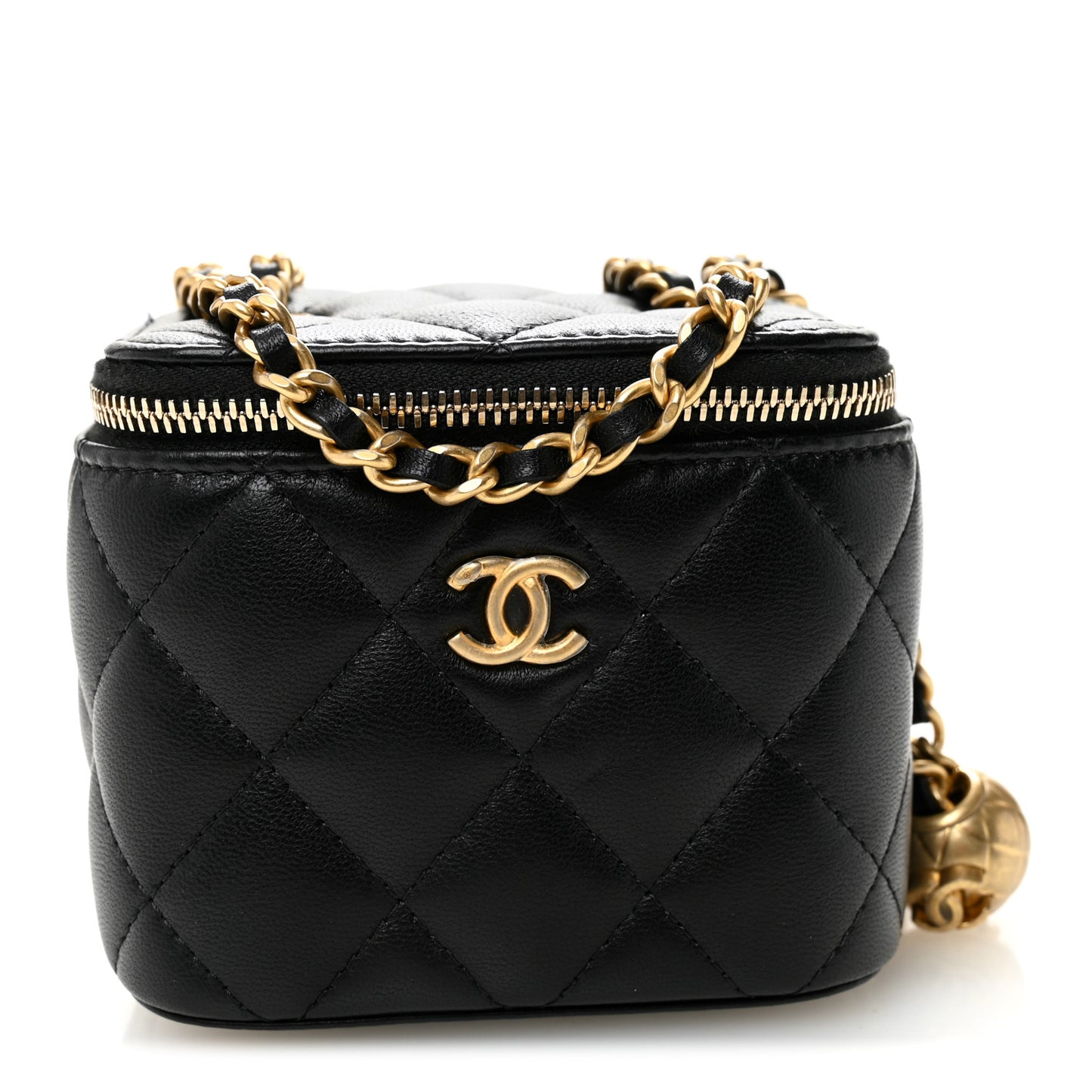 Lambskin Quilted Mini Pearl Crush Vanity Case With Chain Black