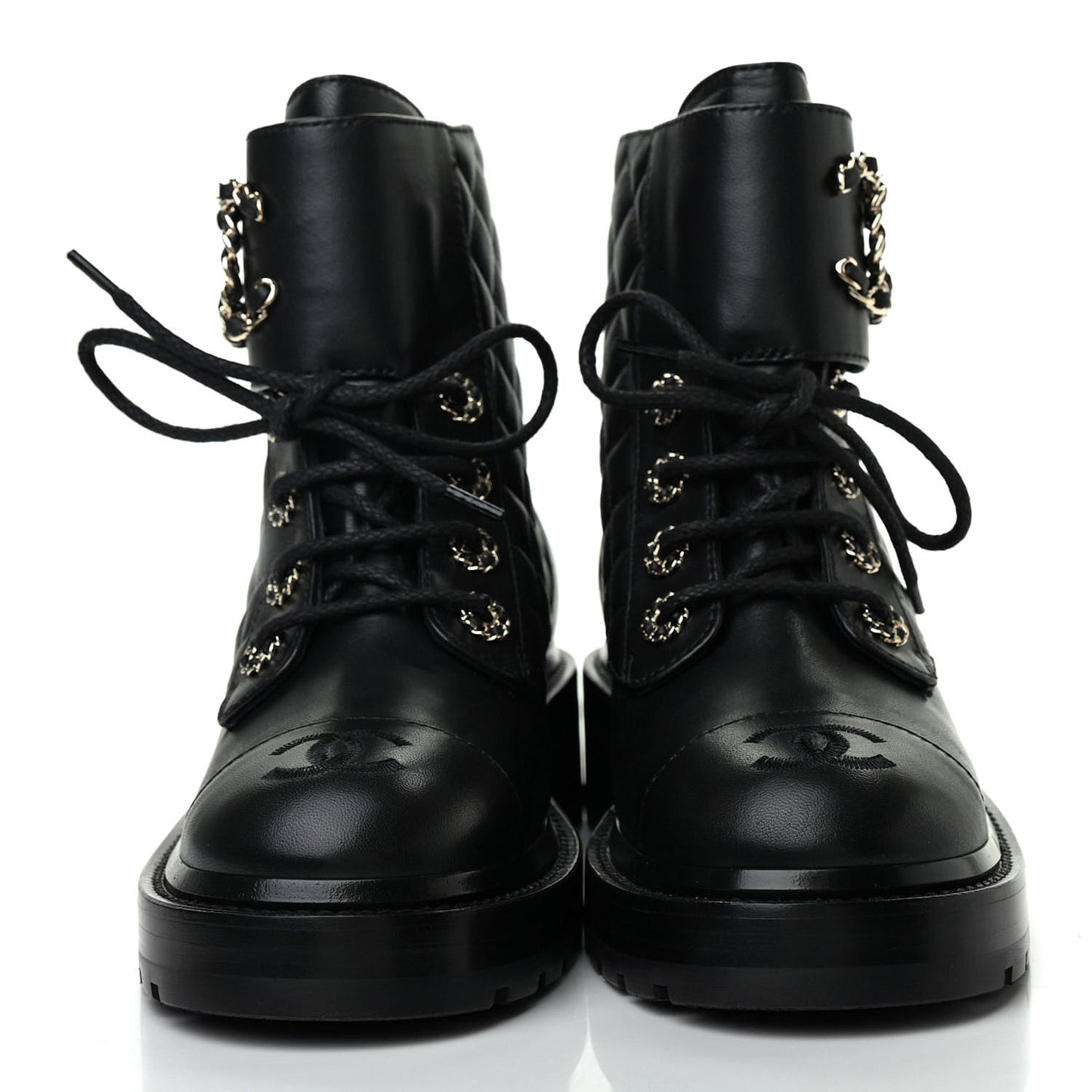 Shiny Lambskin Quilted Lace Up Combat Boots 36 Black