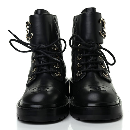 Chanel Shiny Lambskin Quilted Lace Up Combat Boots 36 Black 2 of 7