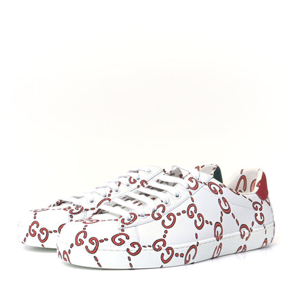 Gucci Calfskin GucciGhost Print Mens Ace Sneakers 8 White Hibiscus Red 2 of 11