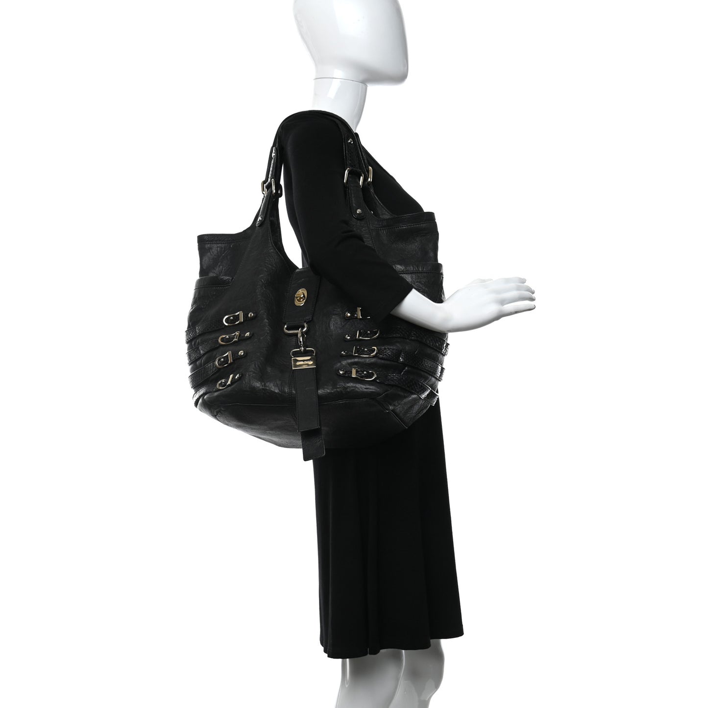 Biker Leather Elaphe Snakeskin Tote Black
