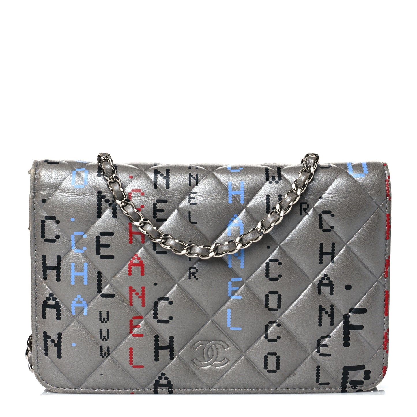 Metallic Lambskin Quilted Data Center Wallet On Chain WOC Silver