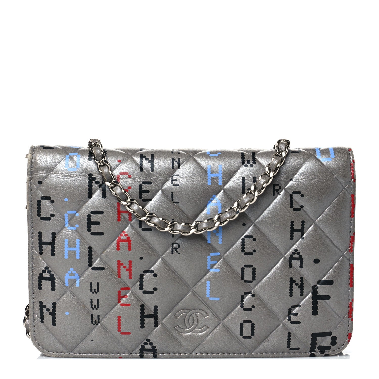 Chanel Metallic Lambskin Quilted Data Center Wallet On Chain WOC Silver 1 of 11