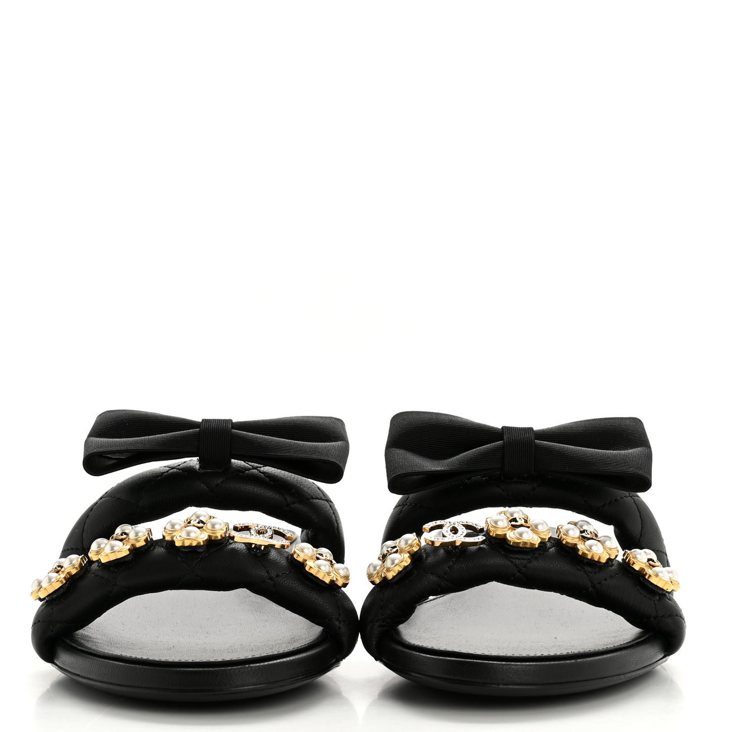 Lambskin Pearl Bow CC Mules 39 Black