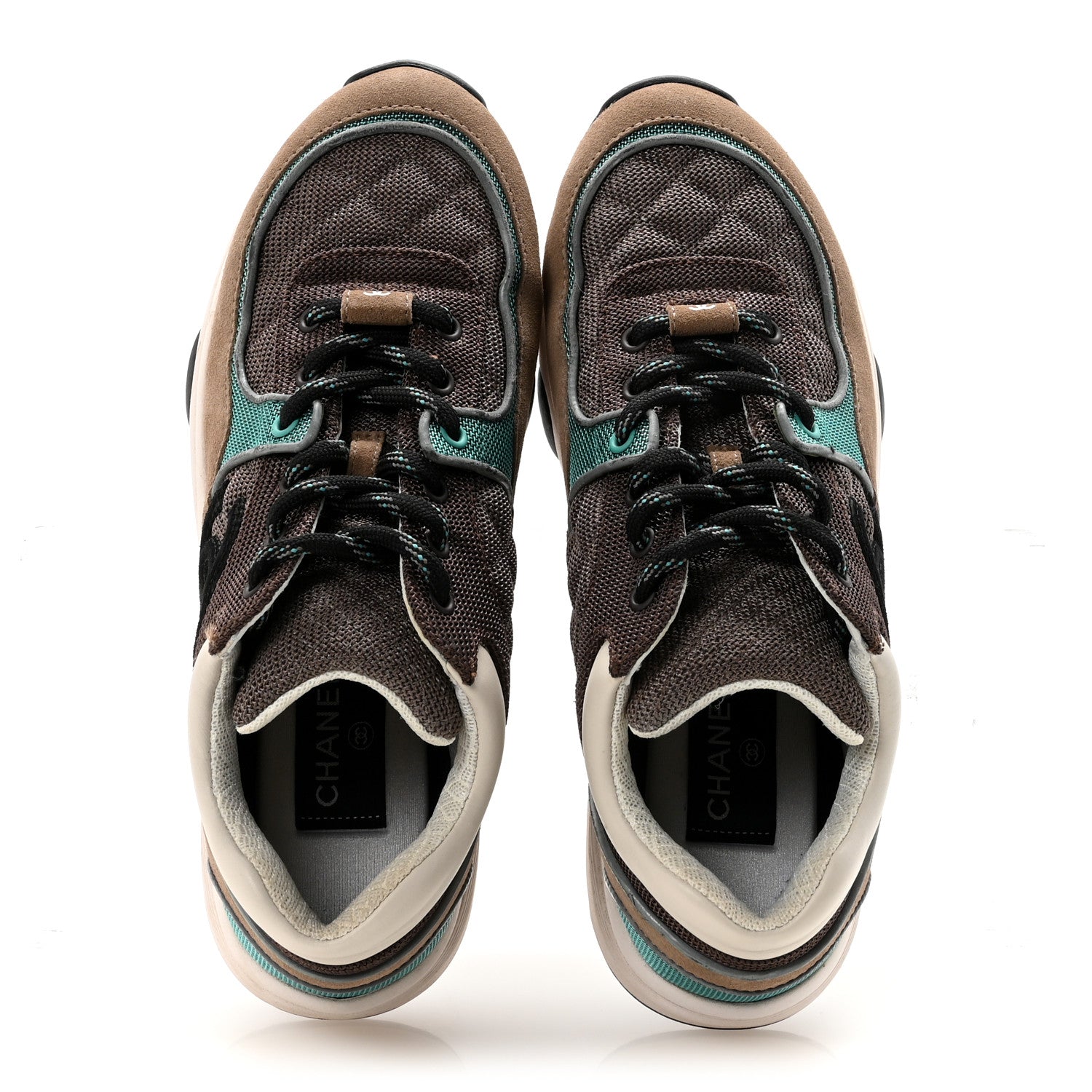 Chanel Nylon Calfskin Suede Womens CC Sneakers 38.5 Brown Green 2 of 9