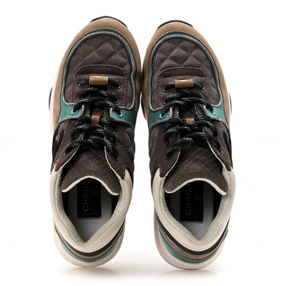 Chanel Nylon Calfskin Suede Womens CC Sneakers 38.5 Brown Green 2 of 9