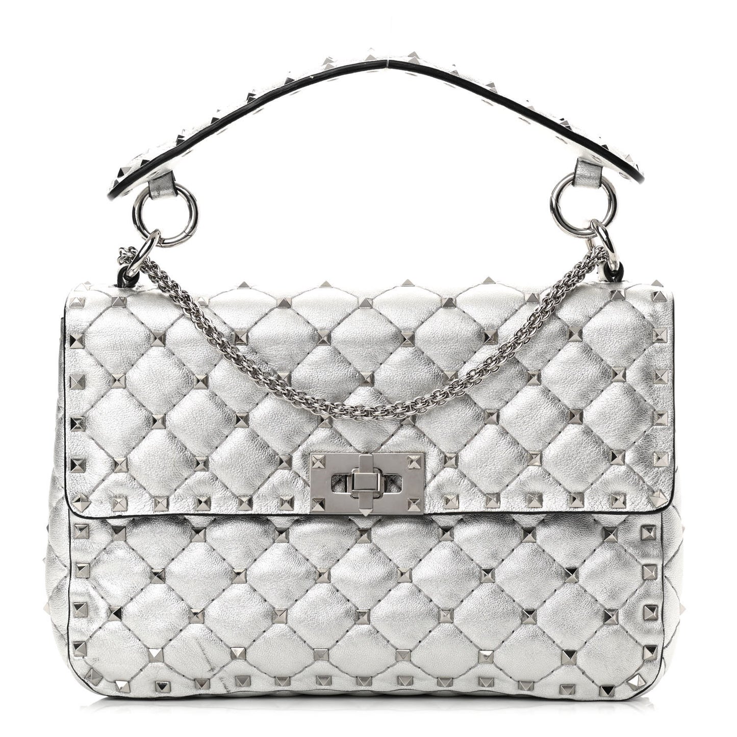Metallic Nappa Medium Rockstud Spike Shoulder Bag Silver