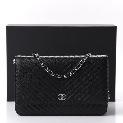 Chanel Caviar Chevron Quilted Wallet On Chain WOC Black 14 of 14