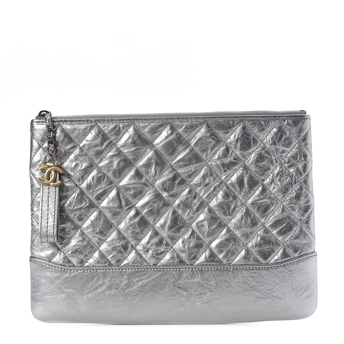Metallic Crumpled Calfskin Quilted Medium Gabrielle Cosmetic Case Silver