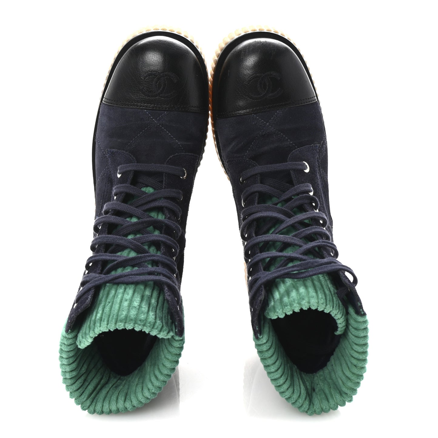 Suede Calfskin Velvet Quilted CC Combat Boots 38.5 Navy Green Black