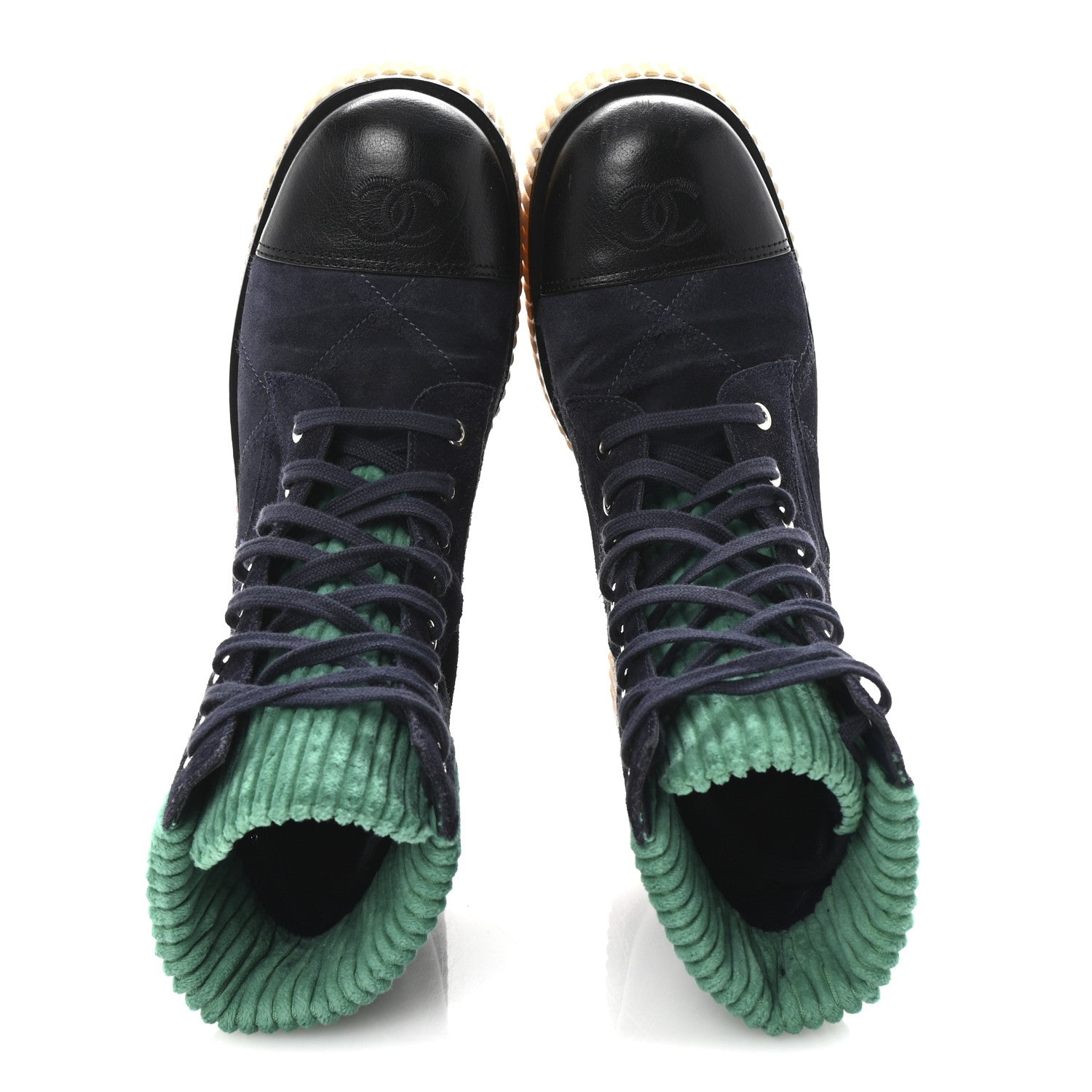 Chanel Suede Calfskin Velvet Quilted CC Combat Boots 38.5 Navy Green Black 2 of 10