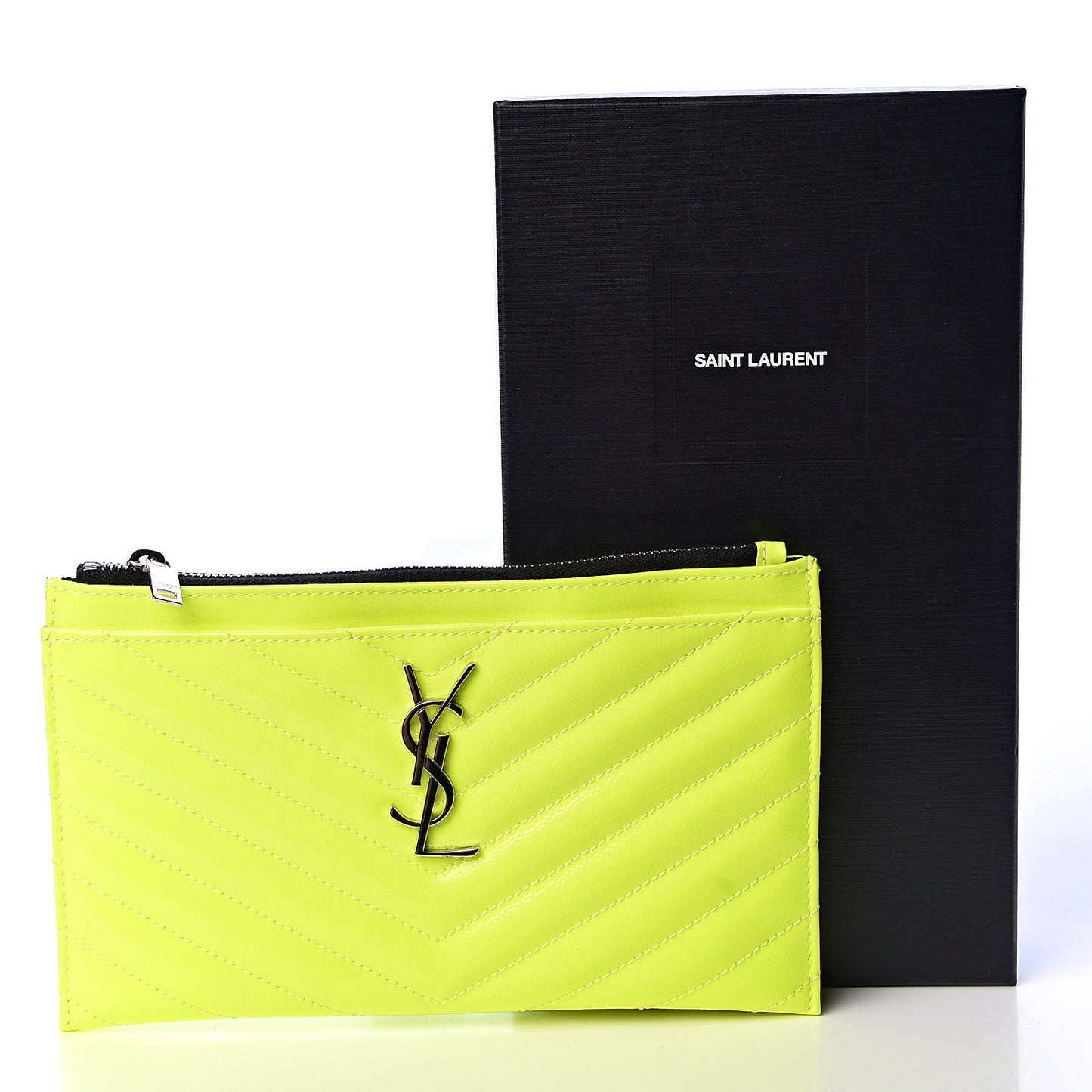Patent Grain De Poudre Matelasse Chevron Monogram Bill Pouch Neon Yellow