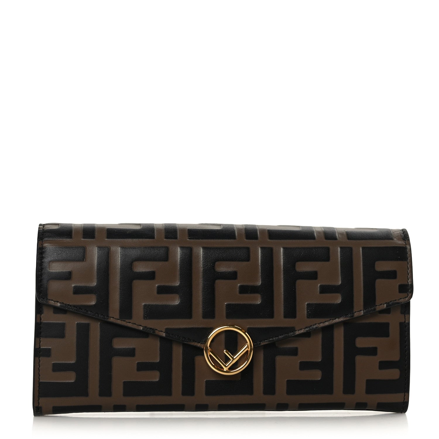 Fendi Vitello Soft F is Fendi Bi-Color FF 1974 Embossed Continental Envelope Wallet Maya Black 1 of 8