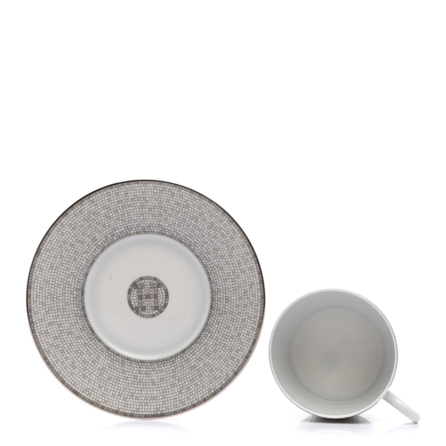 Hermes Porcelain Mosaique Au 24 Platine Tea Cup And Saucer Set Of 2 Platinum 4 of 9