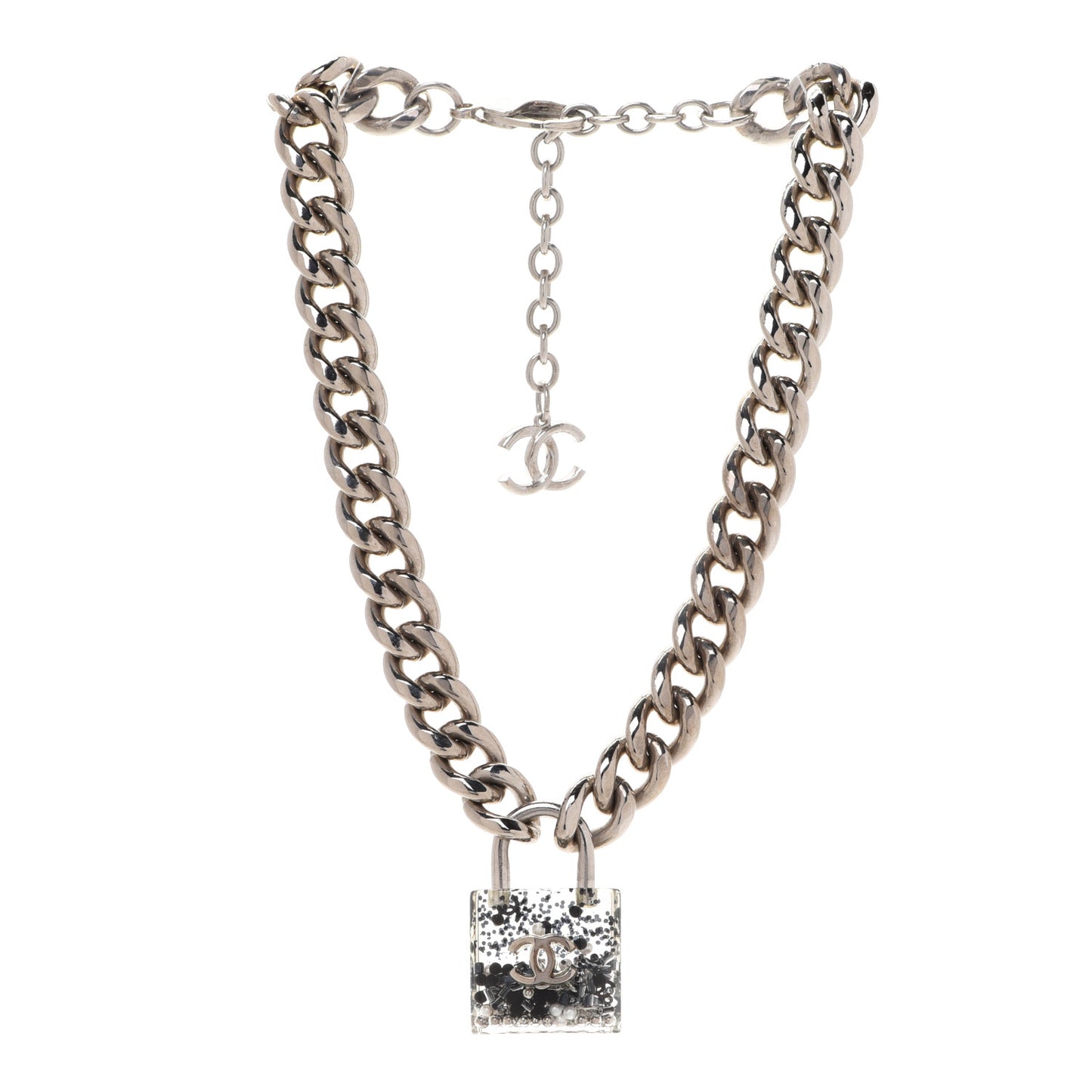 Resin CC Oversized Padlock Chain Necklace Silver Pearly White