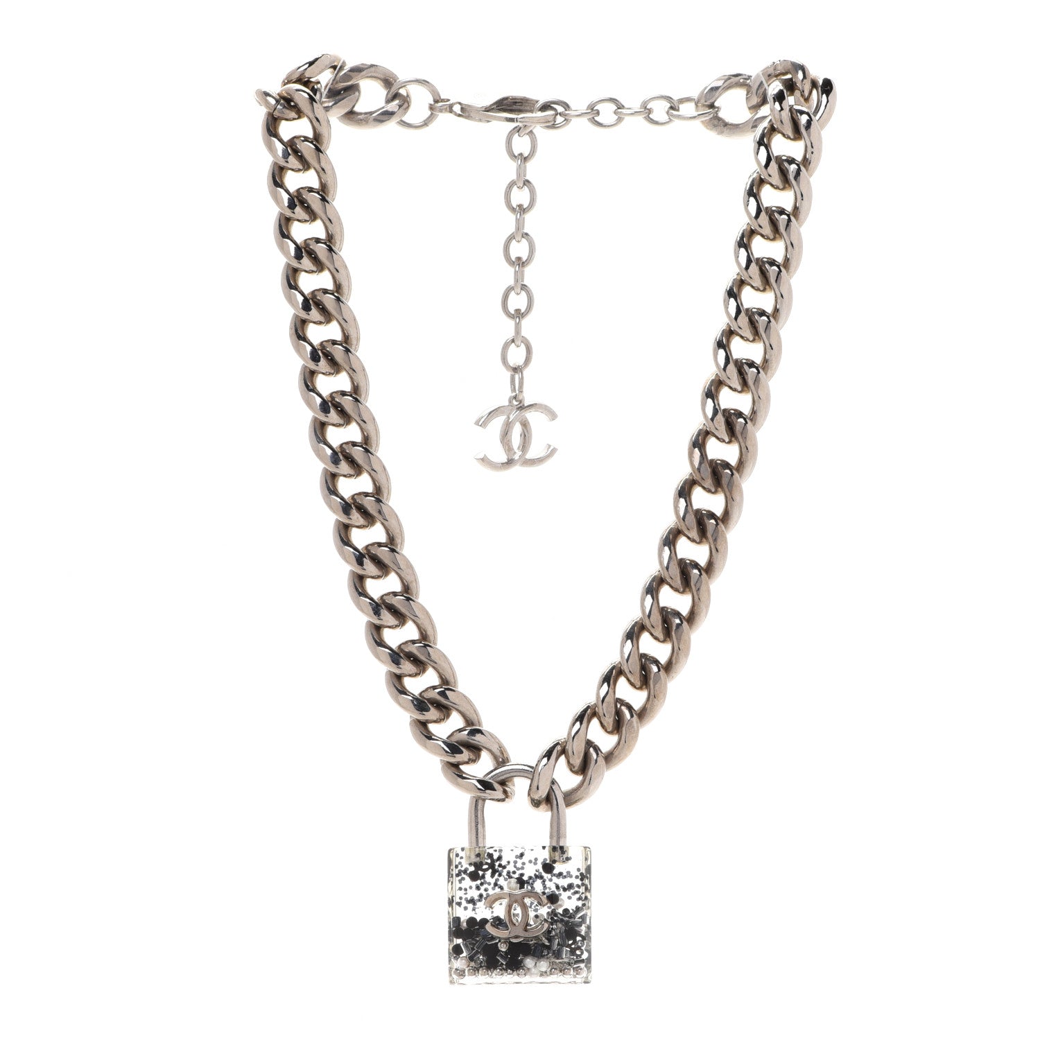 Chanel Resin CC Oversized Padlock Chain Necklace Silver Pearly White 3 of 5