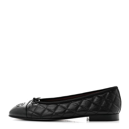 Chanel Aged Calfskin Quilted CC Cap Toe Ballerina Flats 37 Black 1 of 9