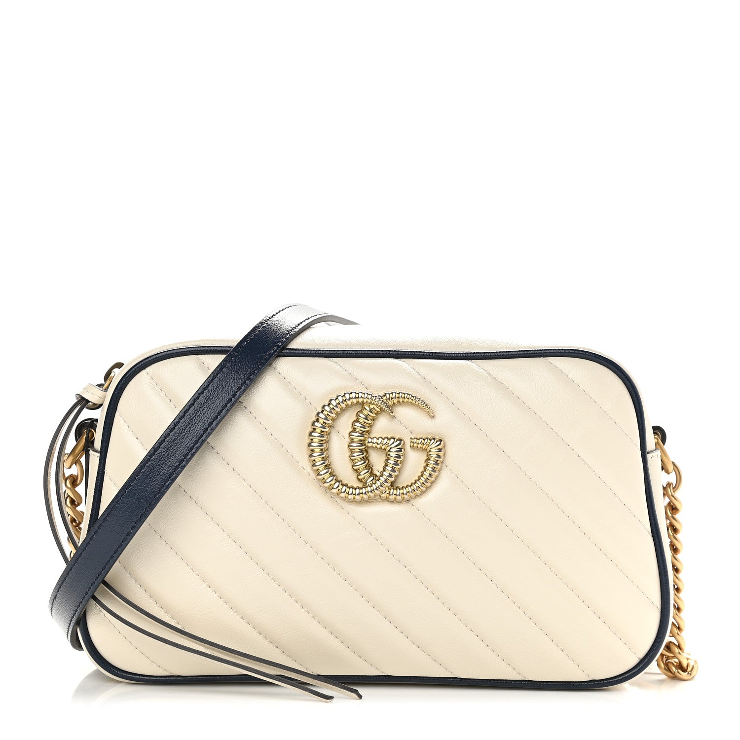 Gucci Vintage Effect Calfskin Matelasse Diagonal Small Torchon GG Marmont Chain Shoulder Bag Mystic White Blue Agata 1 of 9
