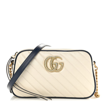 Gucci Vintage Effect Calfskin Matelasse Diagonal Small Torchon GG Marmont Chain Shoulder Bag Mystic White Blue Agata 1 of 9
