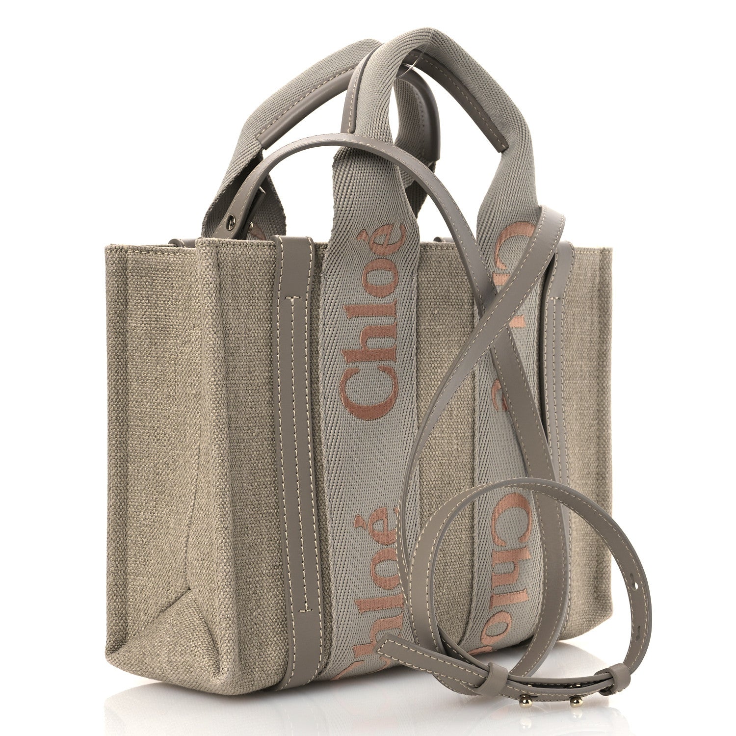 Chloe Cotton Calfskin Small Woody Ribbon Tote With Strap  Beige Taupe 3 of 12