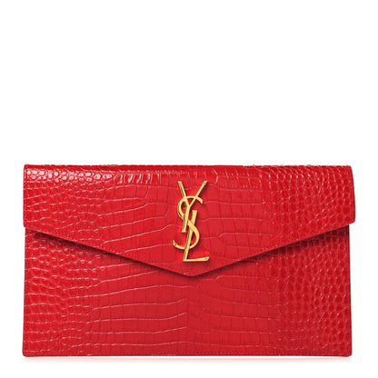 Saint Laurent Calfskin Crocodile Embossed Uptown Monogram Pouch Rouge Eros 1 of 8