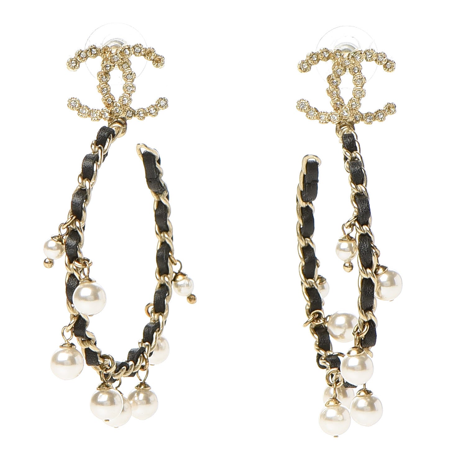 Chanel Lambskin Pearl Crystal CC Chain Hoop Earrings Gold Black 1 of 8