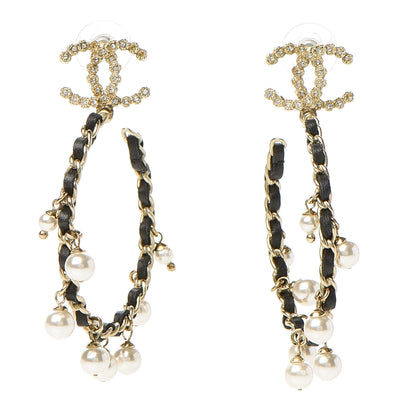 Chanel Lambskin Pearl Crystal CC Chain Hoop Earrings Gold Black 1 of 8