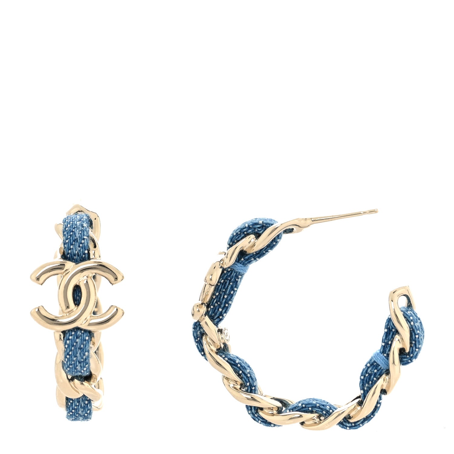 Chanel Metal Denim CC Chain Hoop Earrings Gold Blue 2 of 10
