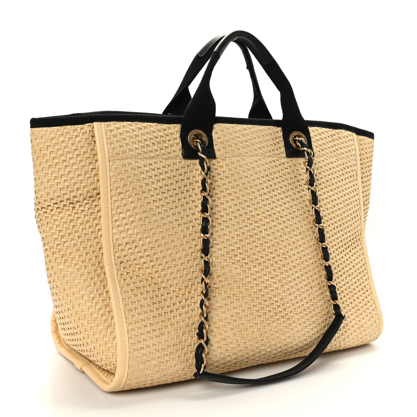 Straw Raffia Calfskin Chain Medium Deauville Tote Beige Black