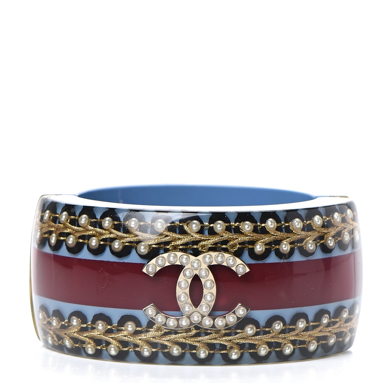 Chanel Resin Striped Pearl CC Cuff 2 of 4