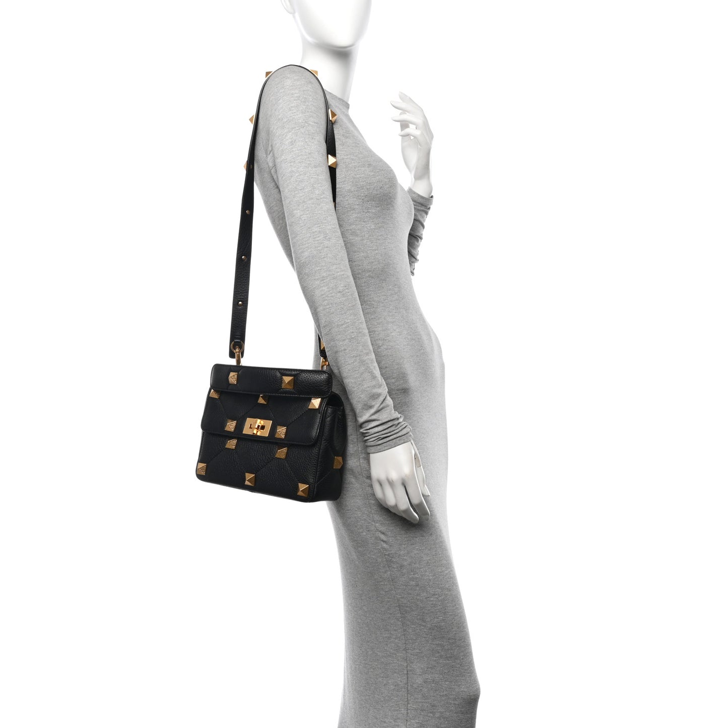 Grained Calfskin Medium Roman Stud Shoulder Bag Black