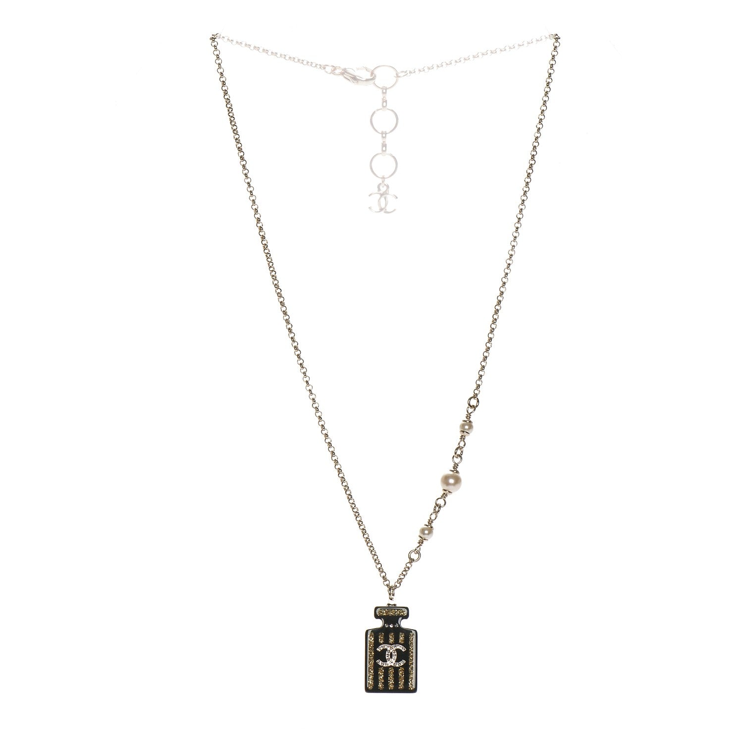Chanel Resin Strass Perfume Bottle CC Necklace Black Gold 3 of 4