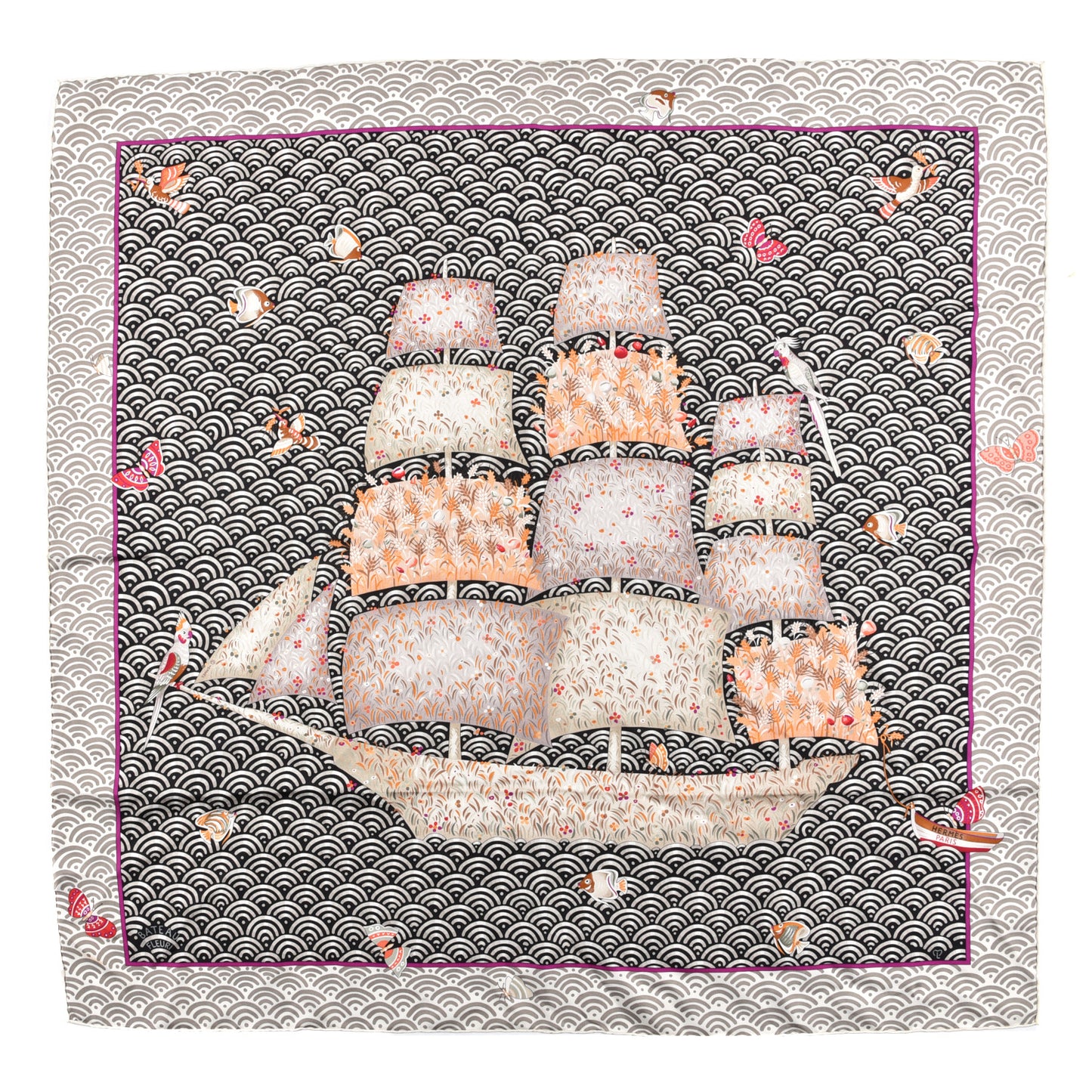 Silk Bateau Fleuri Scarf 90 Gris Black Vert De Gris