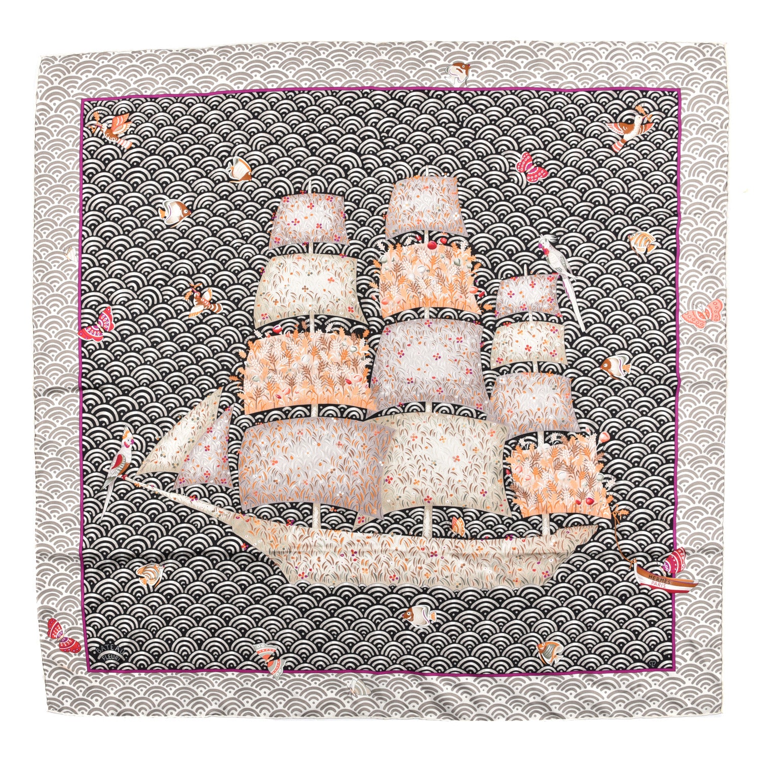 Hermes Silk Bateau Fleuri Scarf 90 Gris Black Vert De Gris 1 of 5