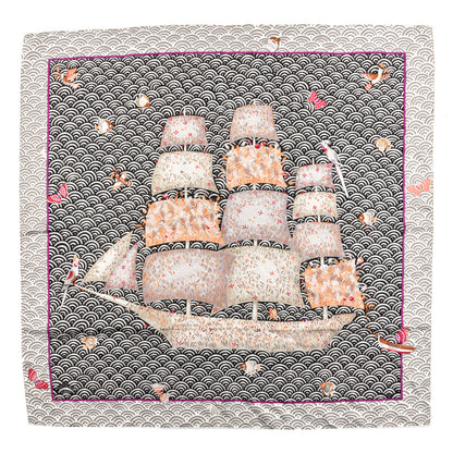 Hermes Silk Bateau Fleuri Scarf 90 Gris Black Vert De Gris 1 of 5