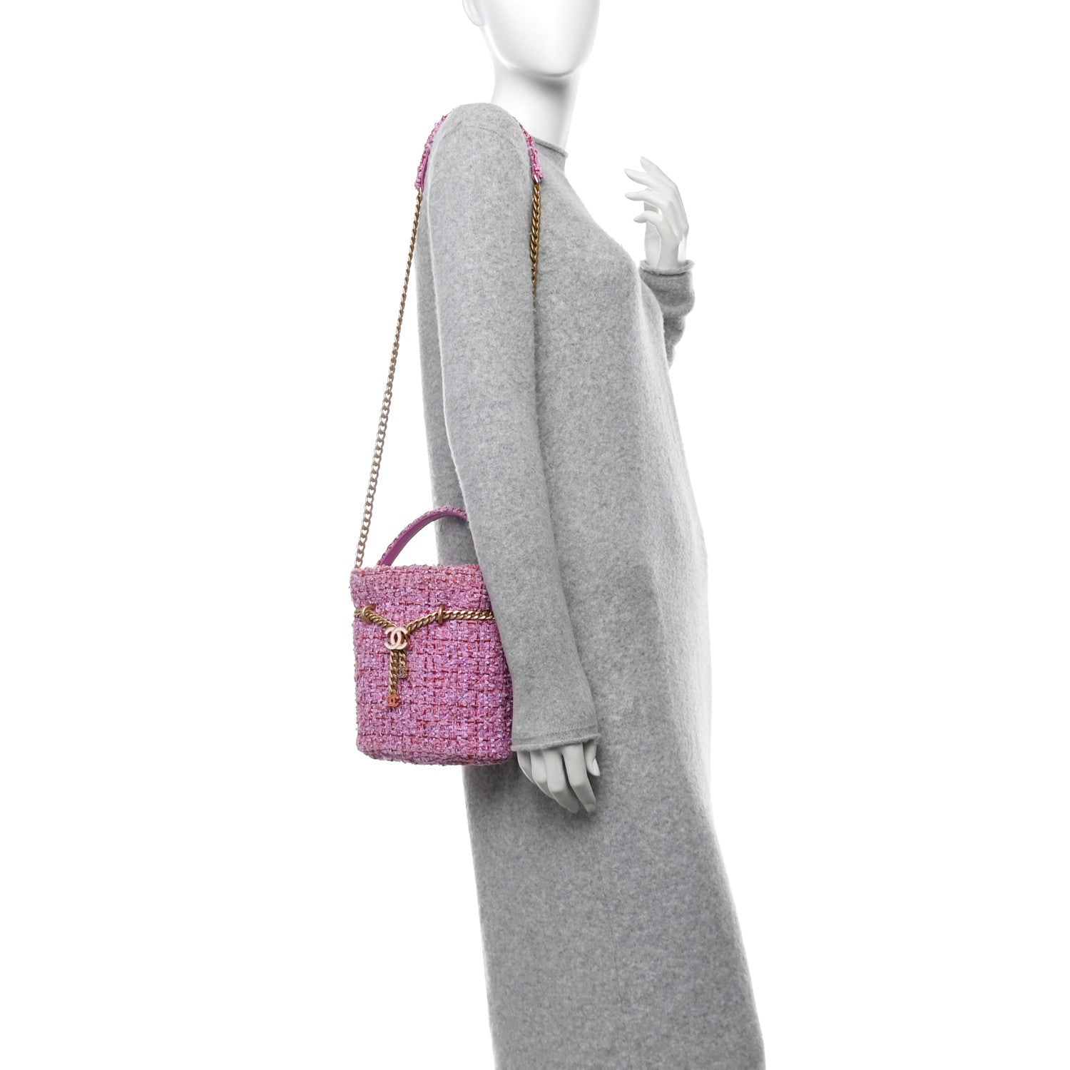 Chanel Tweed Enamel Quilted Pending CC Bucket Drawstring Bag Light Purple Pink Red 2 of 12
