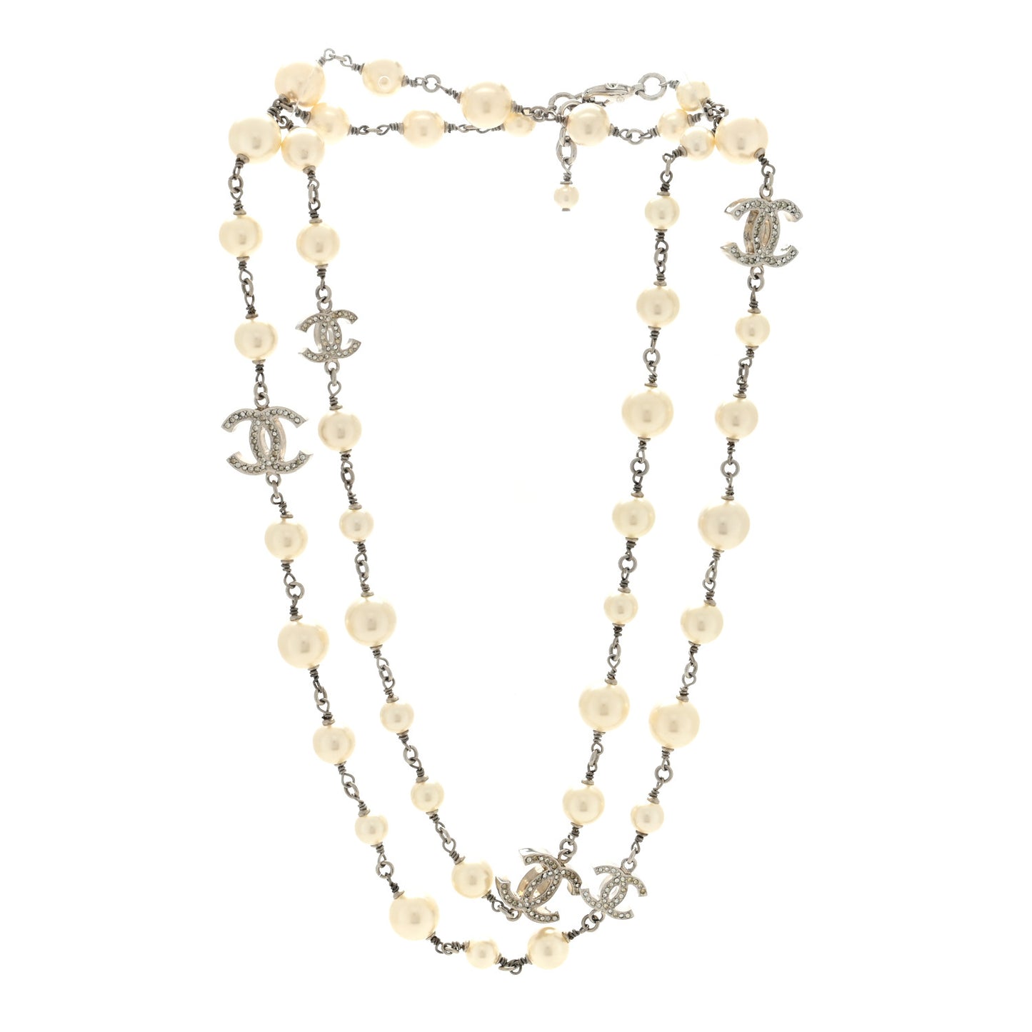 Graduated Pearl Crystal CC Long Necklace Silver
