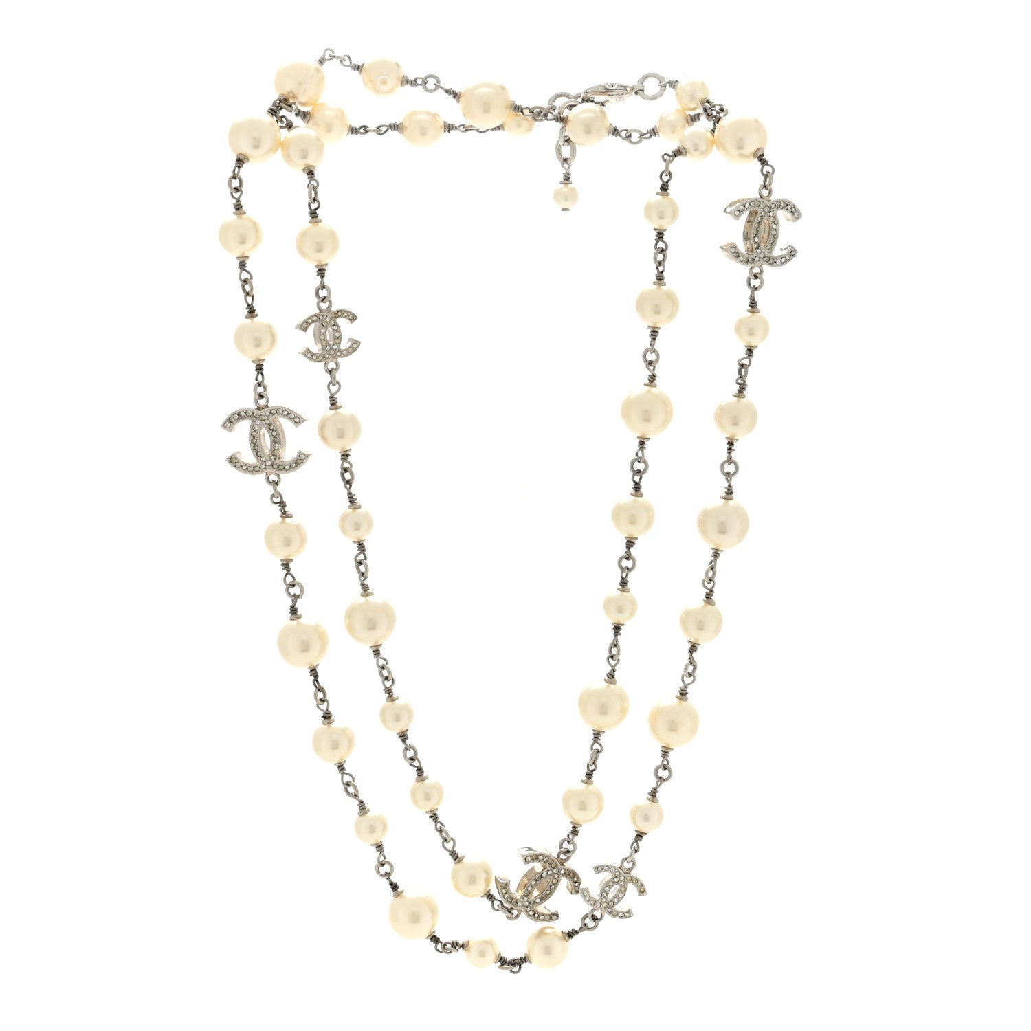 Chanel Graduated Pearl Crystal CC Long Necklace Silver 2 of 5