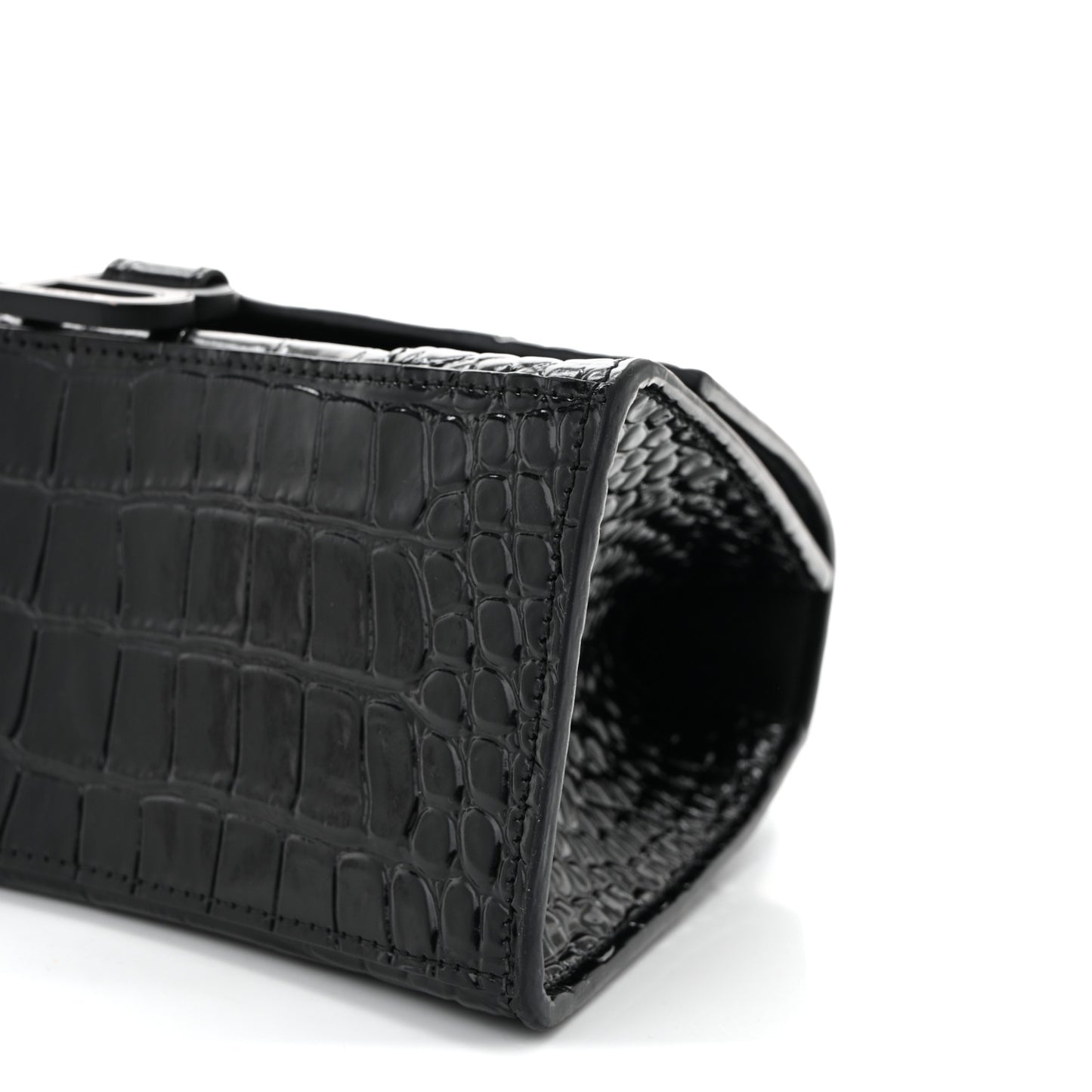 Shiny Calfskin Monochrome Crocodile Embossed Small Hourglass Top Handle Bag Black