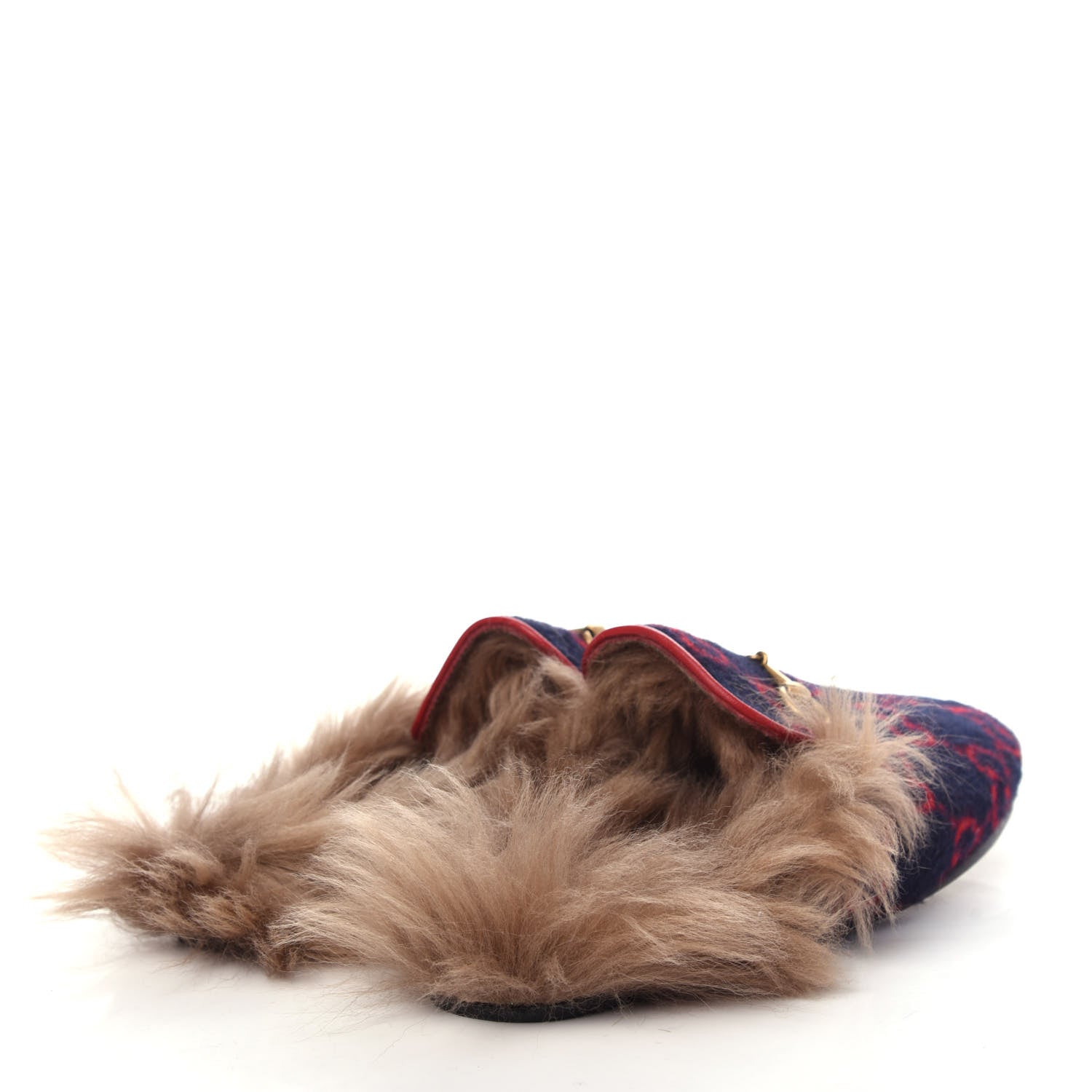 Gucci Covered Wool Big GG Monogram Fur Womens Princetown Slippers 39 Blue Red Butterscotch 4 of 11