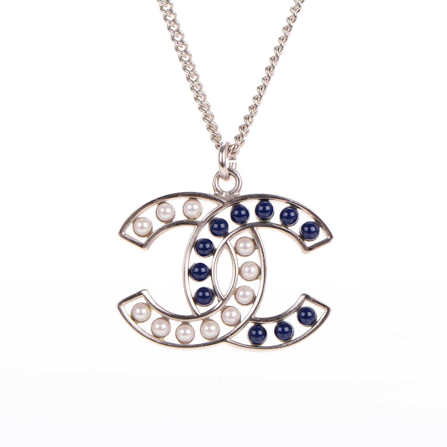 Chanel Pearl Beaded CC Necklace White Blue Silver 3 of 5