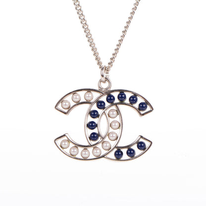 Chanel Pearl Beaded CC Necklace White Blue Silver 3 of 5