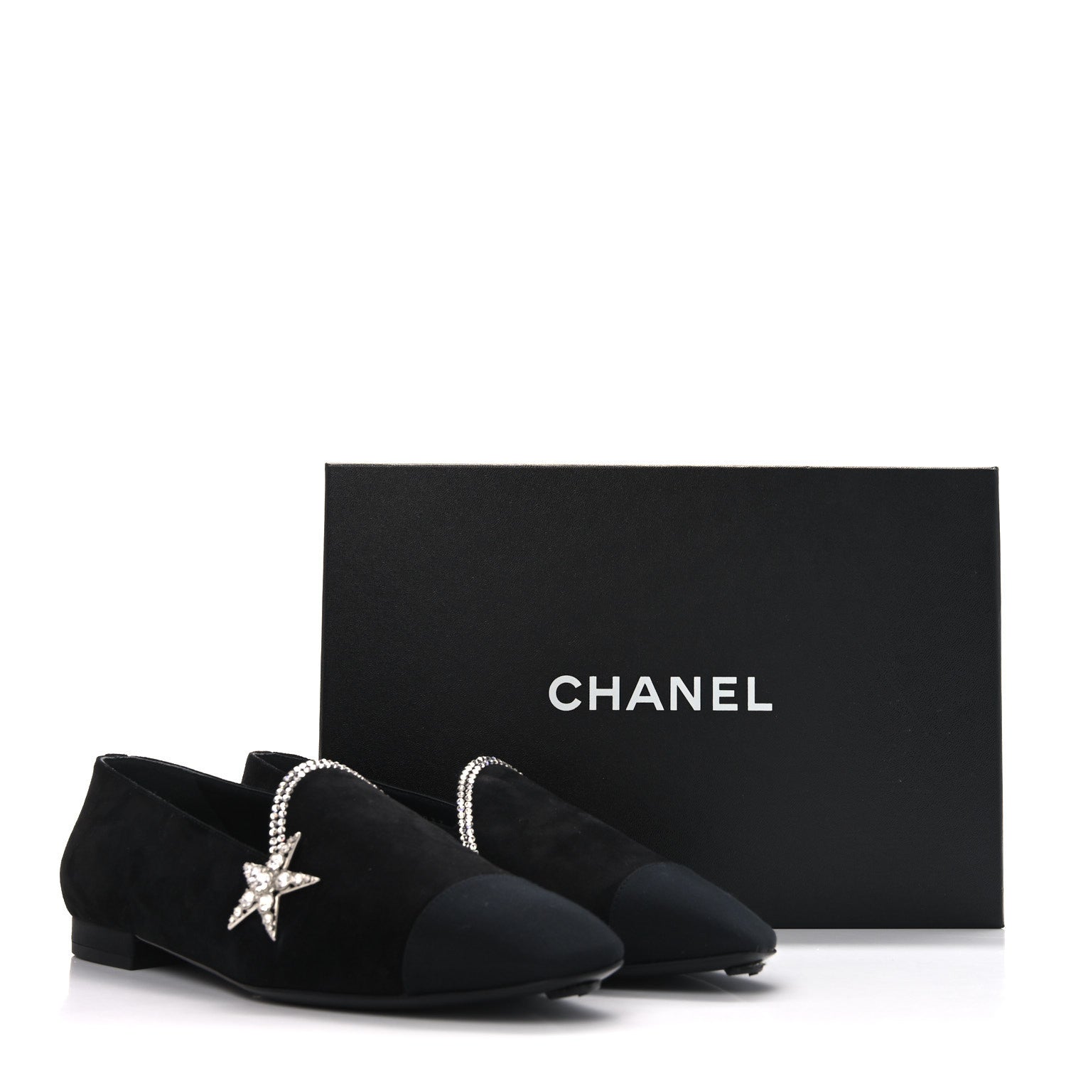 Chanel Suede Calfskin Grosgrain Crystal Star Mocassin Loafers 38 Black 9 of 9
