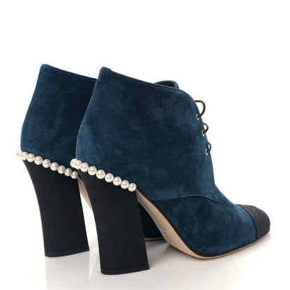 Chanel Suede Grosgrain Pearl Lace Up Booties 37 Dark Blue Black 4 of 8