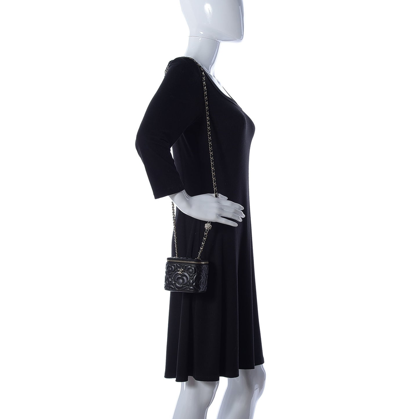 Lambskin Camellia Embossed Mini Vanity Case With Chain Black
