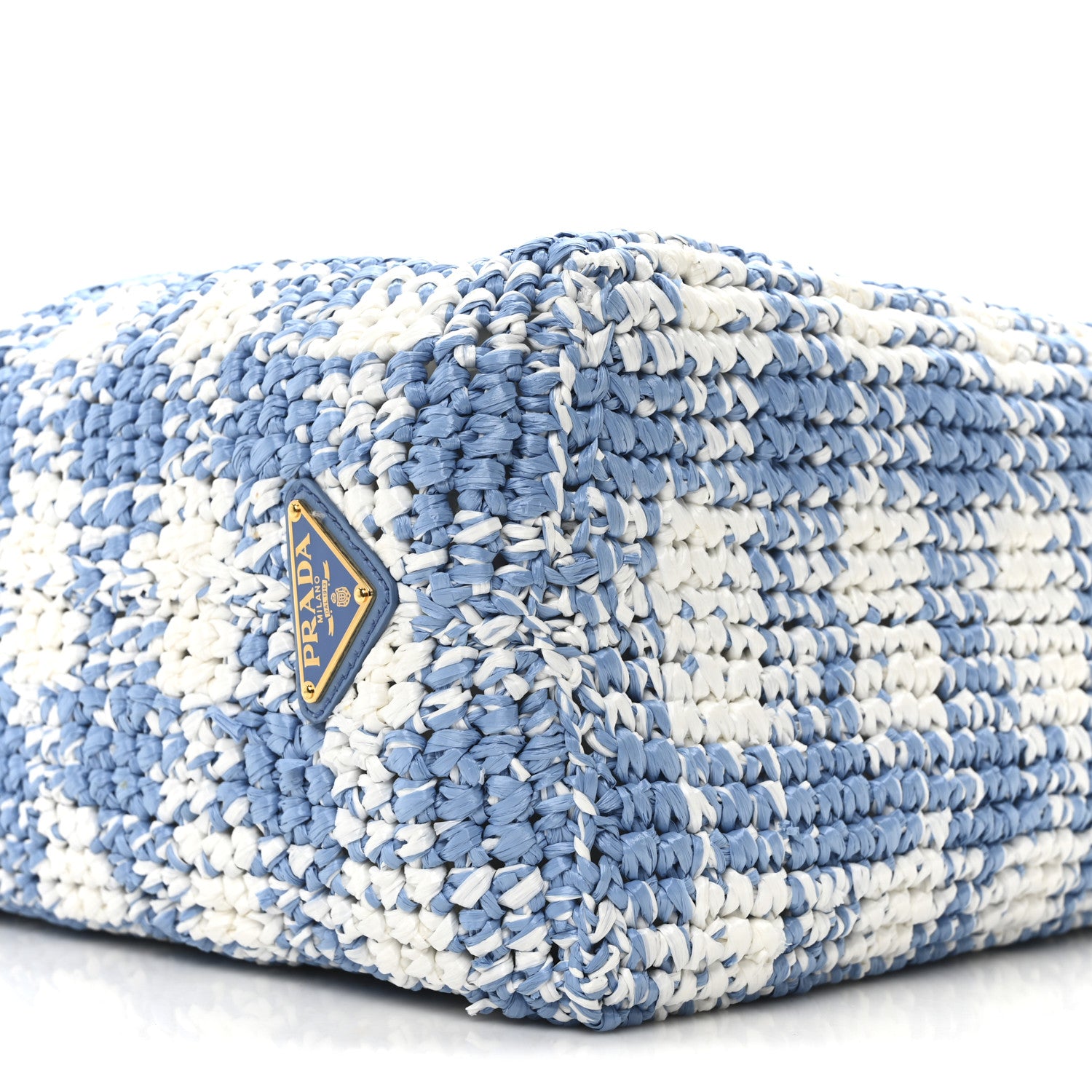 Prada Yarn Raffia Effect Crochet Embroidered Large Logo Tote Celeste 8 of 9