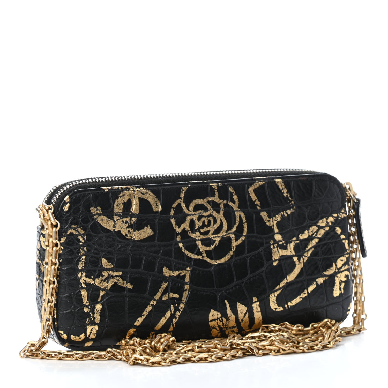 Chanel Calfskin Crocodile Embossed Graffiti 2.55 Cocodile Reissue Clutch With Chain Black Gold 2 of 4