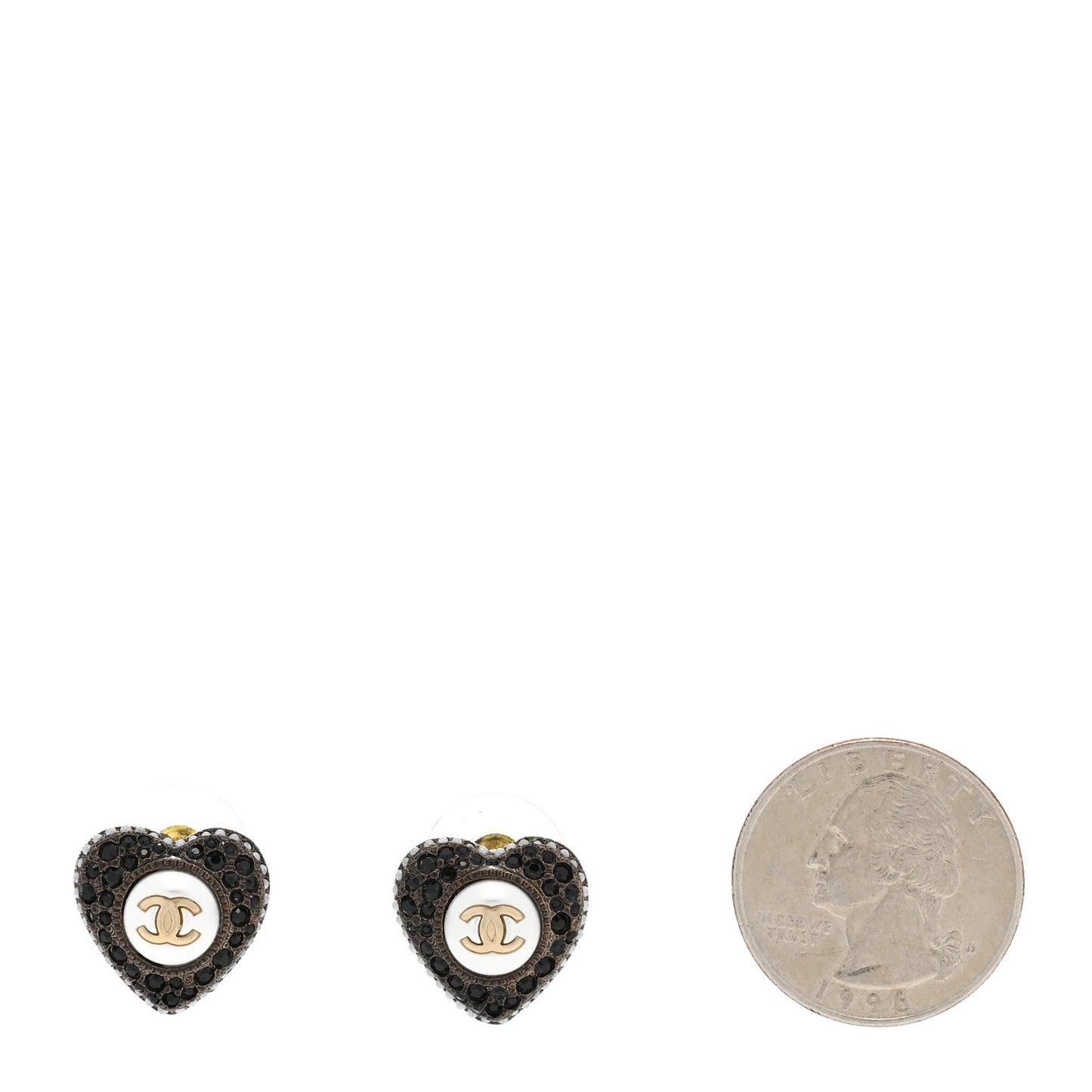 Pearl Crystal CC Heart Earrings Gold Black