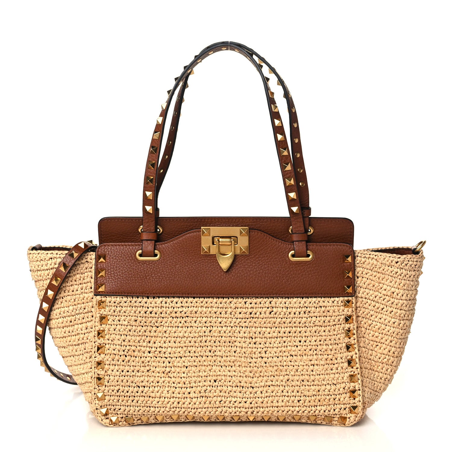 Valentino Garavani Raffia Calfskin Small Rockstud Tote Naturale Saddle Brown 1 of 8